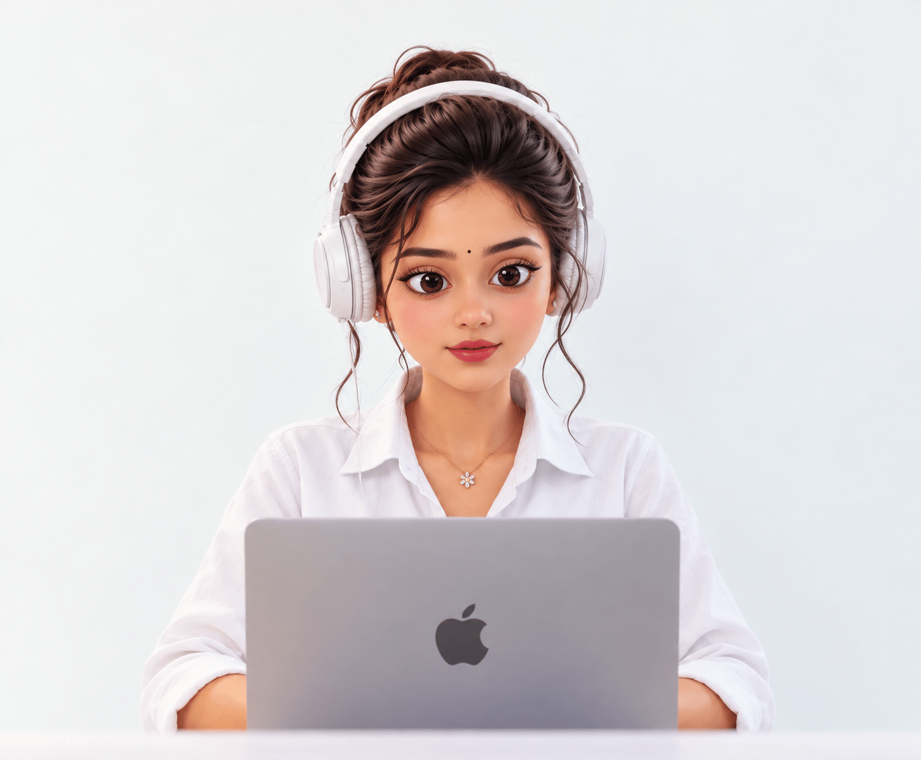 Upasana, founder of Pixel AI Media: 3D avatar wearing white headphones, working on a MacBook